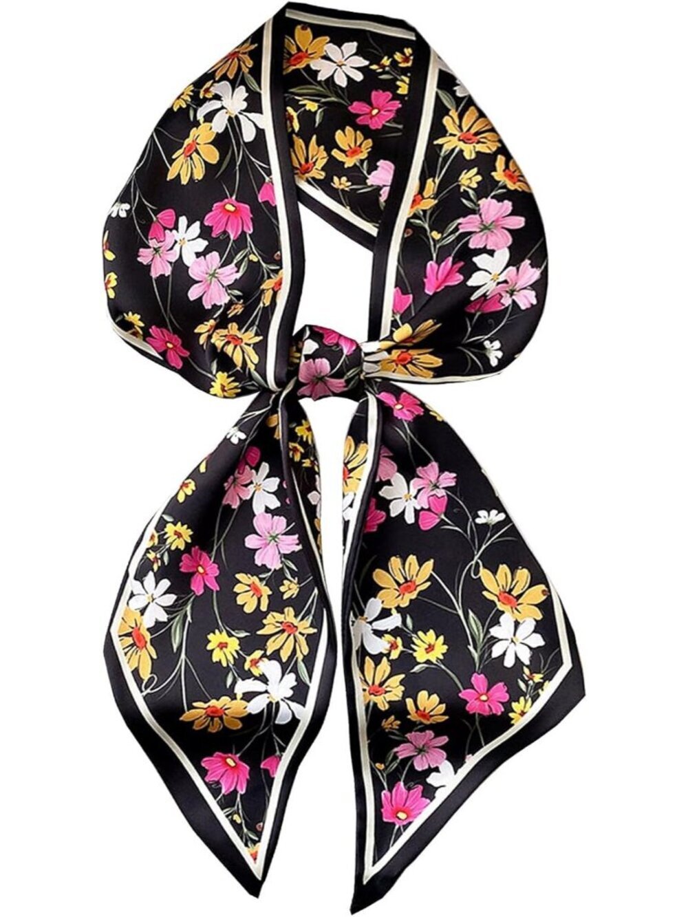 Women's Black Flower Head Scarves Long Skinny Silky Hair Bags Scarf